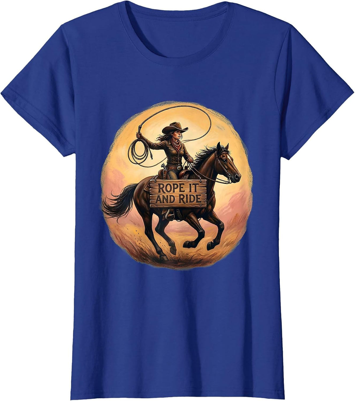 Women's Rope It and Ride Western Cowgirl Design T-Shirt - Royal Blue