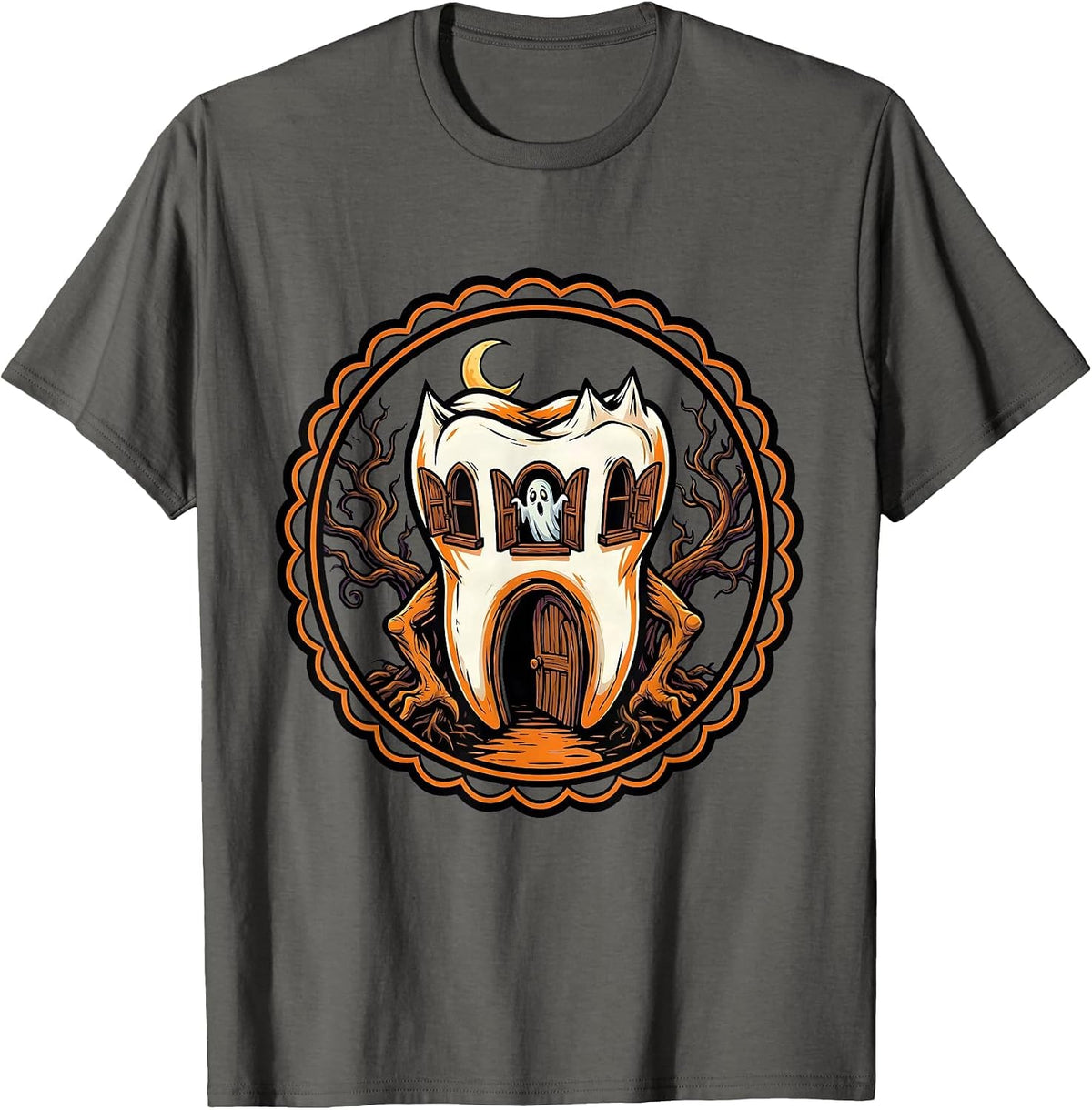 Men's Haunted Molar House Dental Halloween Design T-Shirt - Asphalt Grey