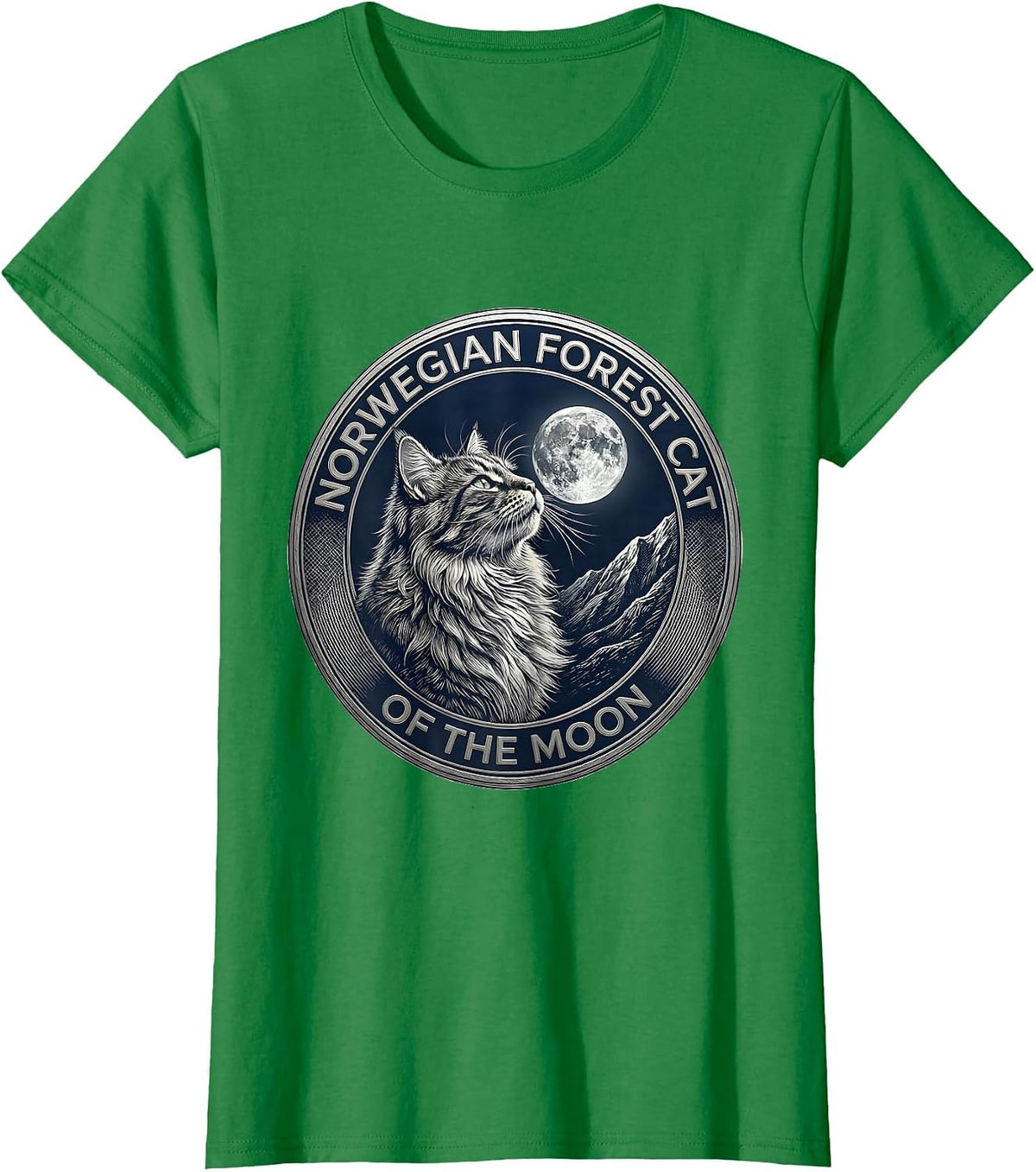 Norwegian Forest Cat Of The Moon Crosshatch Etching Retro T-Shirt - Kelly Green
