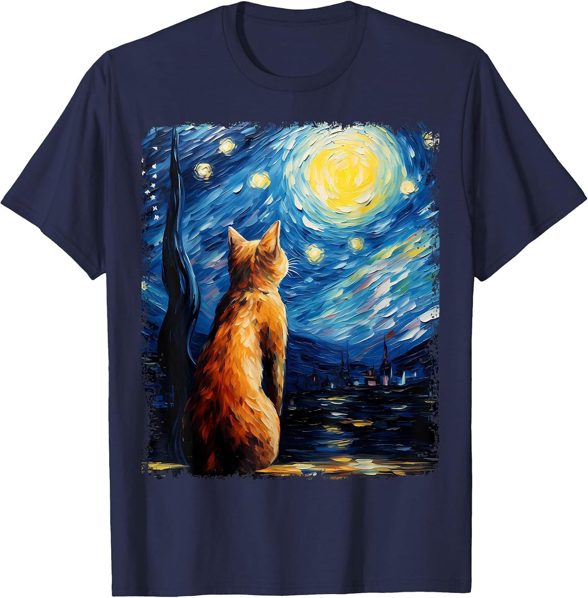 Abyssinian Orange Cat Starry Night Painting T-Shirt - Navy Blue