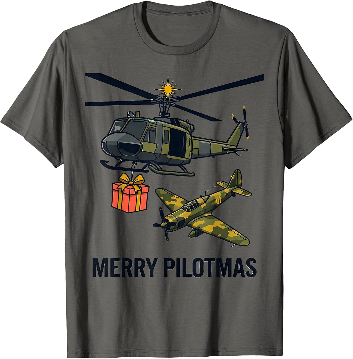 Men's Merry Pilotmas Midcentury Modern Military Helicopter T-Shirt - Asphalt Grey