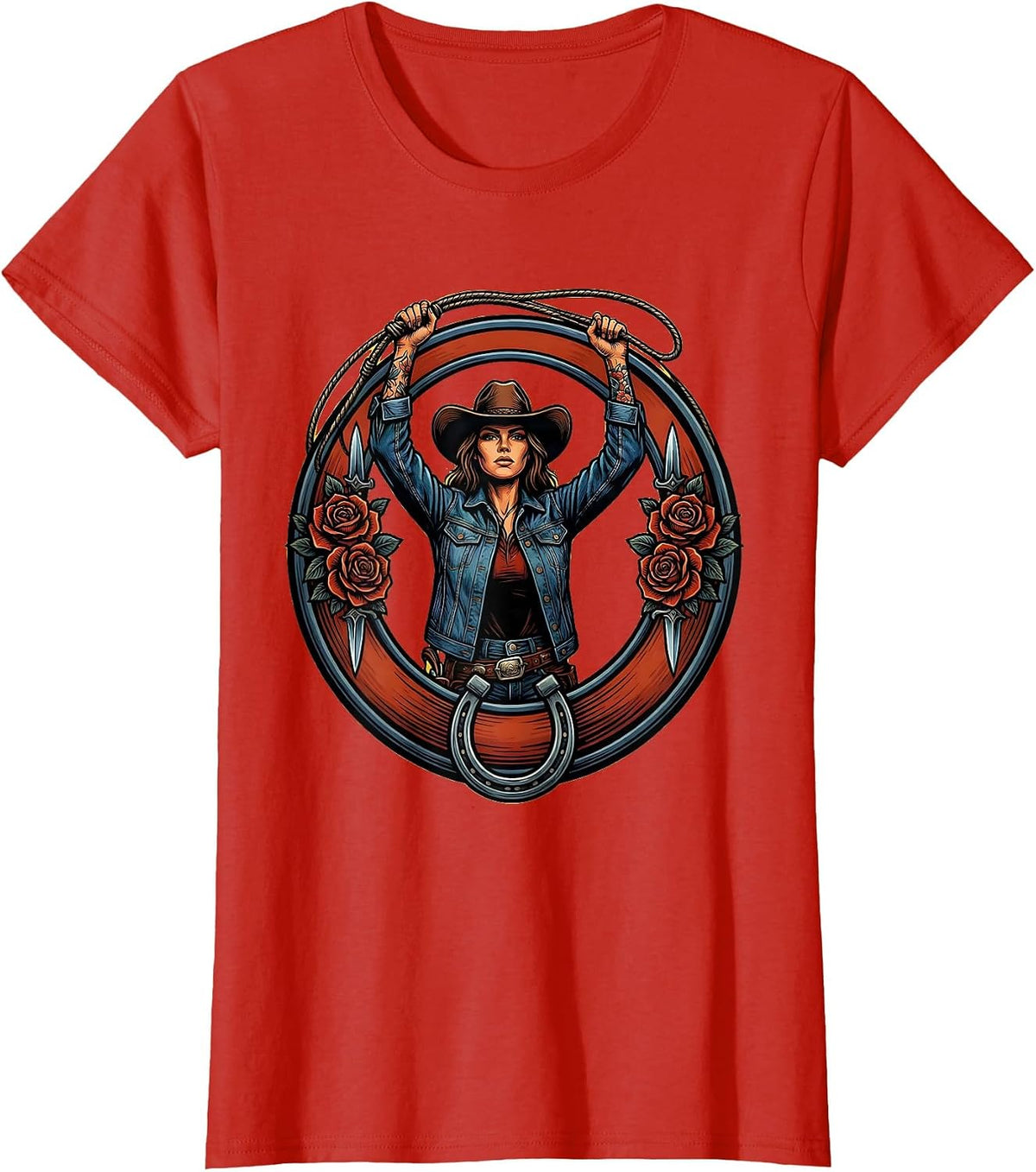 Denim Cowgirl Lasso Twirl Western Graphic Design T-Shirt - Red