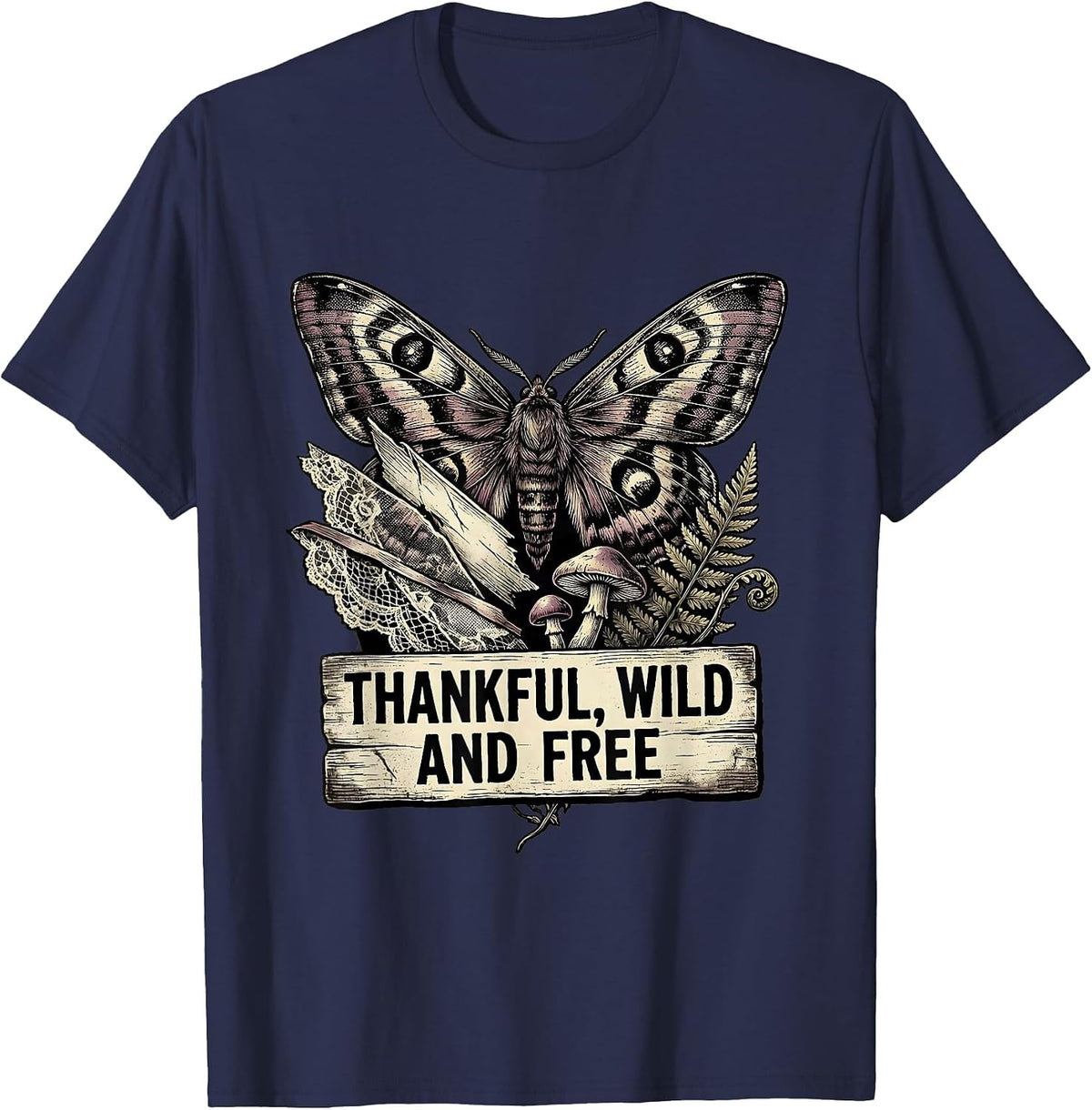 Thankful Wild and Free Thanksgiving Design T-Shirt - Navy Blue