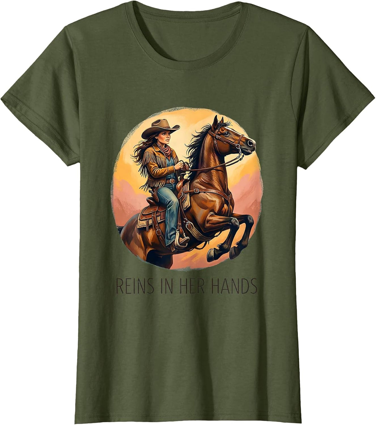 Women's Reins In Her Hands Cowboy Western Design T-Shirt - Olive Green