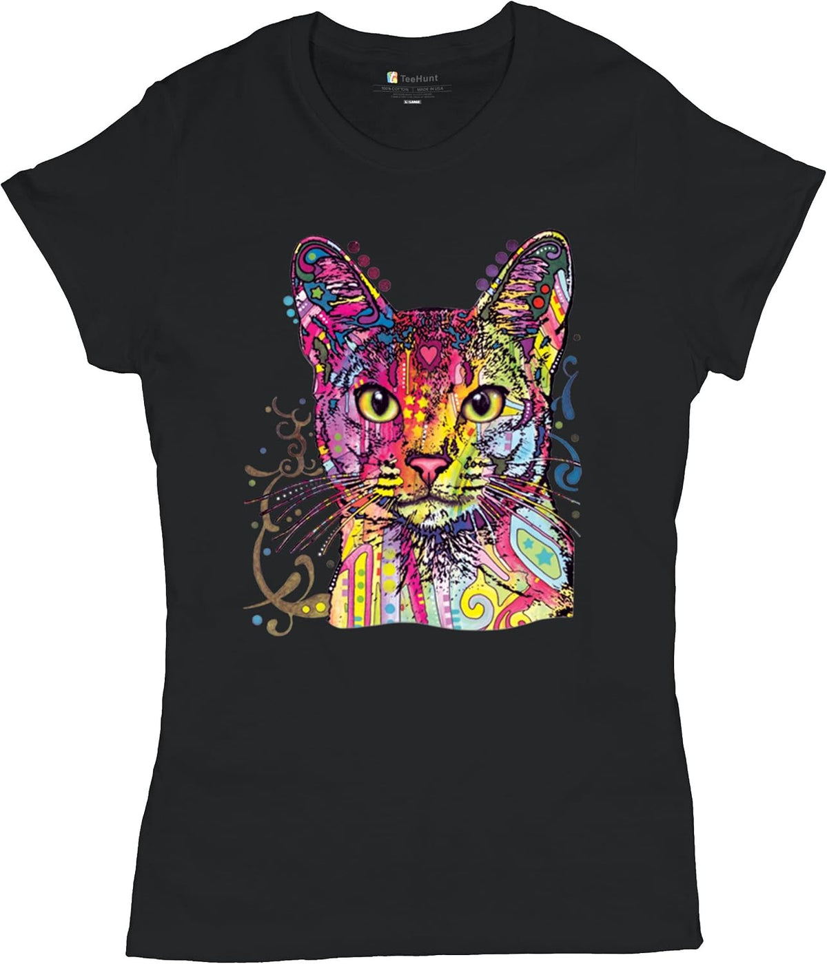 Dean Russo Abyssinian Cat T-Shirt Neon Colorful Cute Kitten Women's Tee - Black