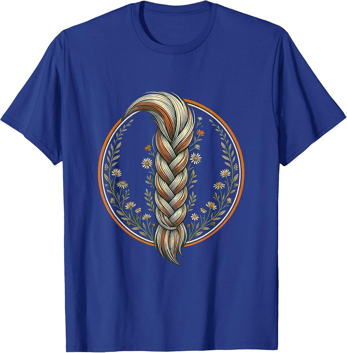 Braided Horse Tail Wildflowers Floral Illustration T-Shirt - Royal Blue
