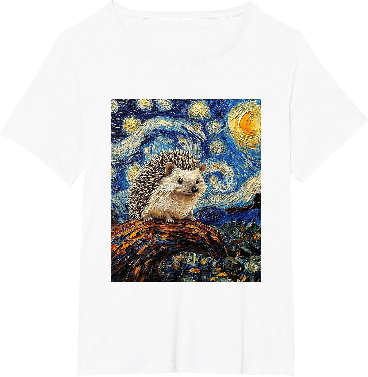 Hedgehog Van Gogh Style Starry Night Cute Graphic T-Shirt - White