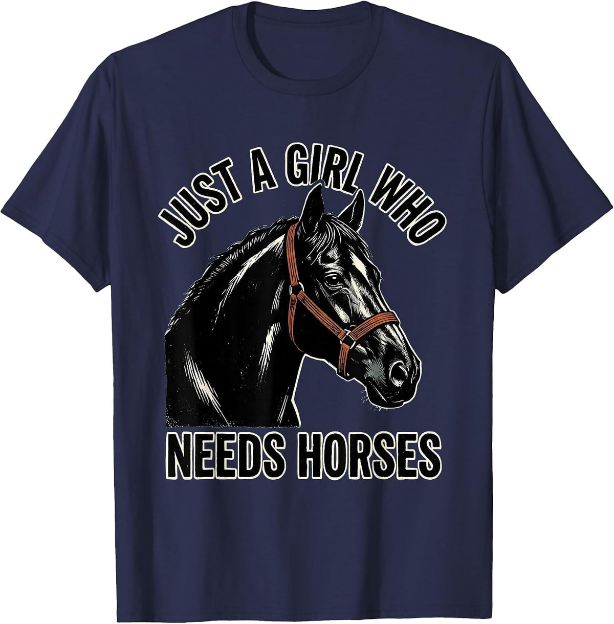 Men's Just a Girl Who Needs Horses Linocut Horse Lover Humor T-Shirt - Navy Blue
