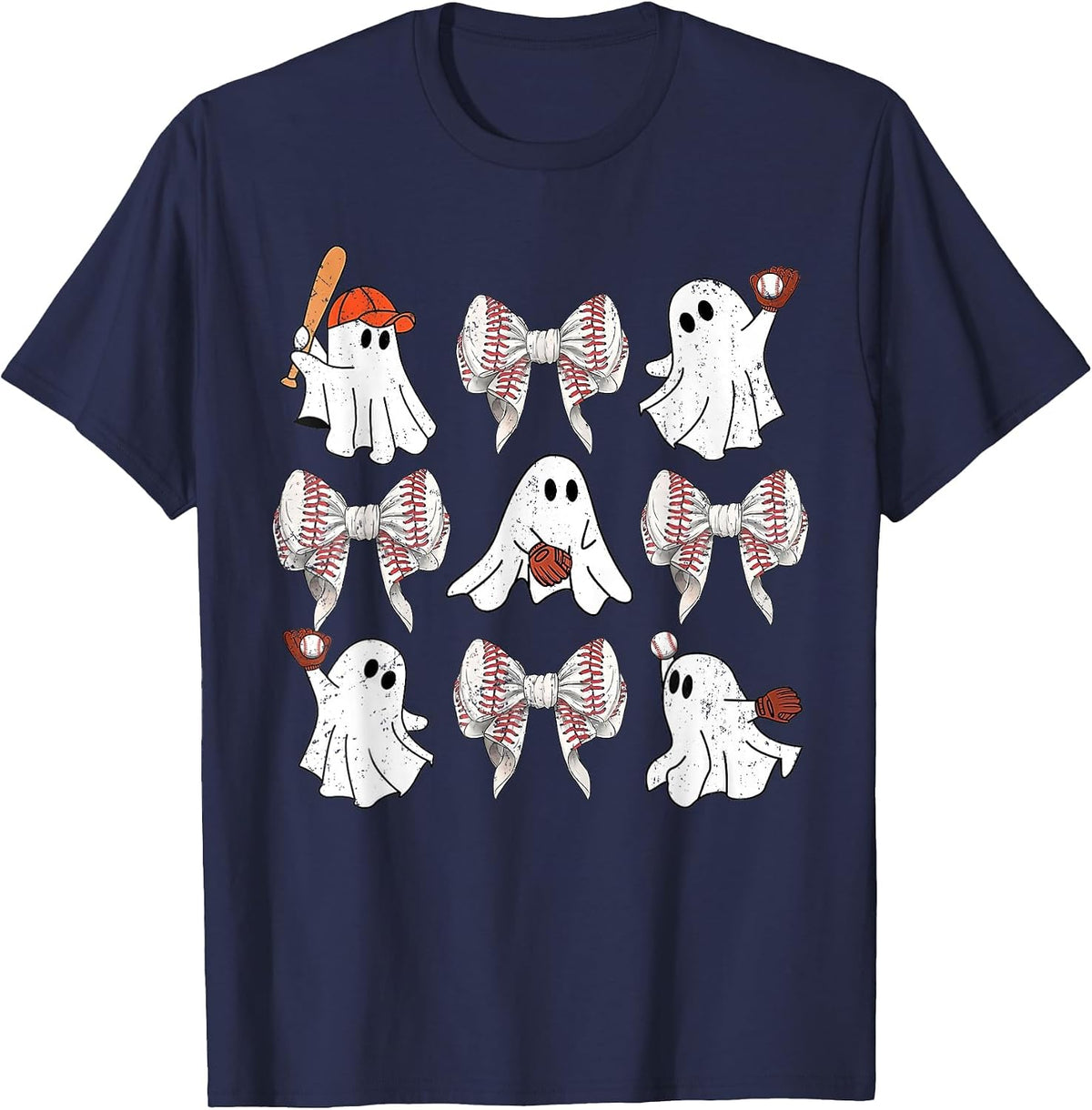 Baseball Player Halloween Bow Coquette Ghost Halloween Tee T-Shirt - Navy Blue