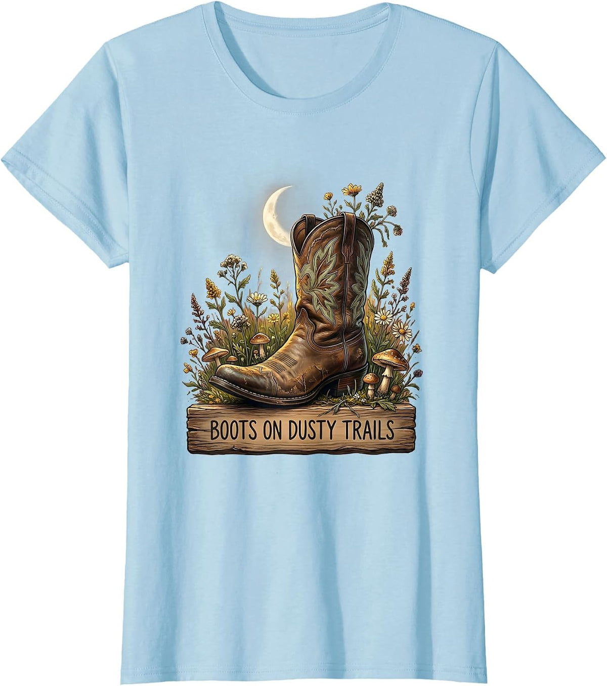 Women's Boots on Dusty Trails Western Graphic Design T-Shirt - Baby Blue