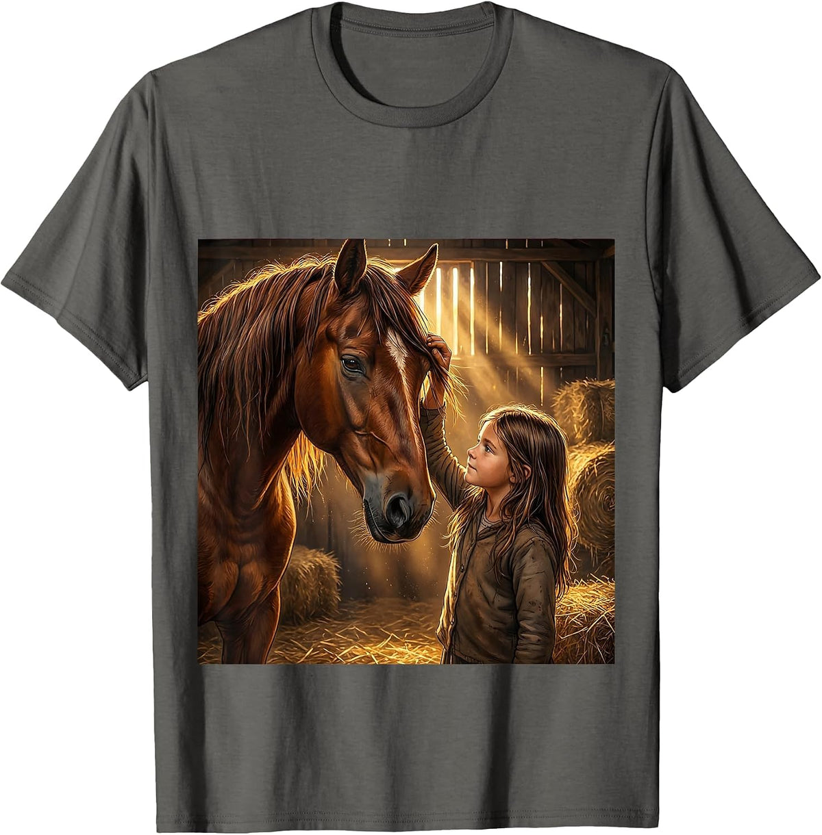 Horse Girl Grooming Golden Barn Light Illustration T-Shirt - Asphalt Grey