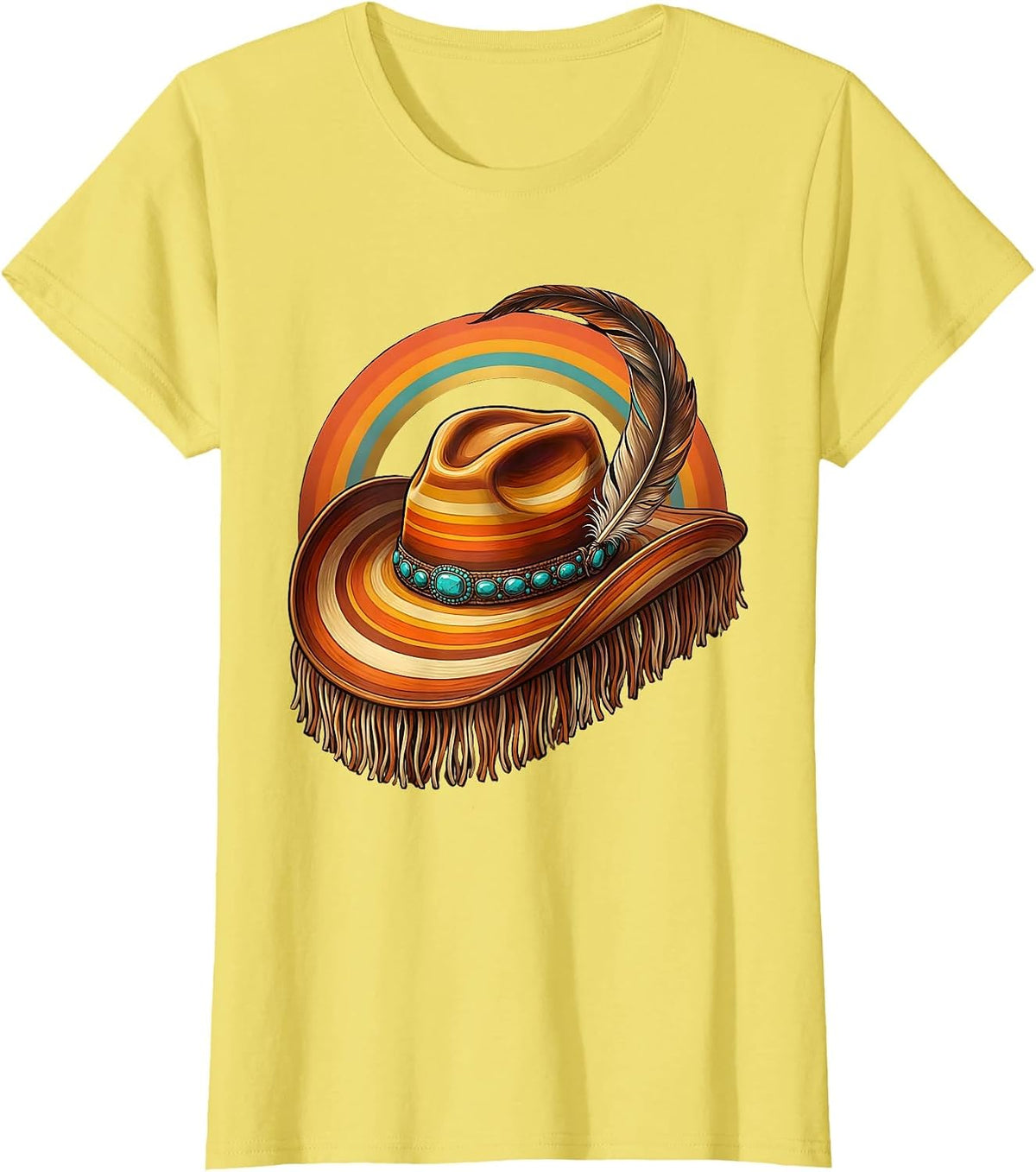 Women's Cowboy Hat Feather Turquoise Western Illustration T-Shirt - Lemon Yellow