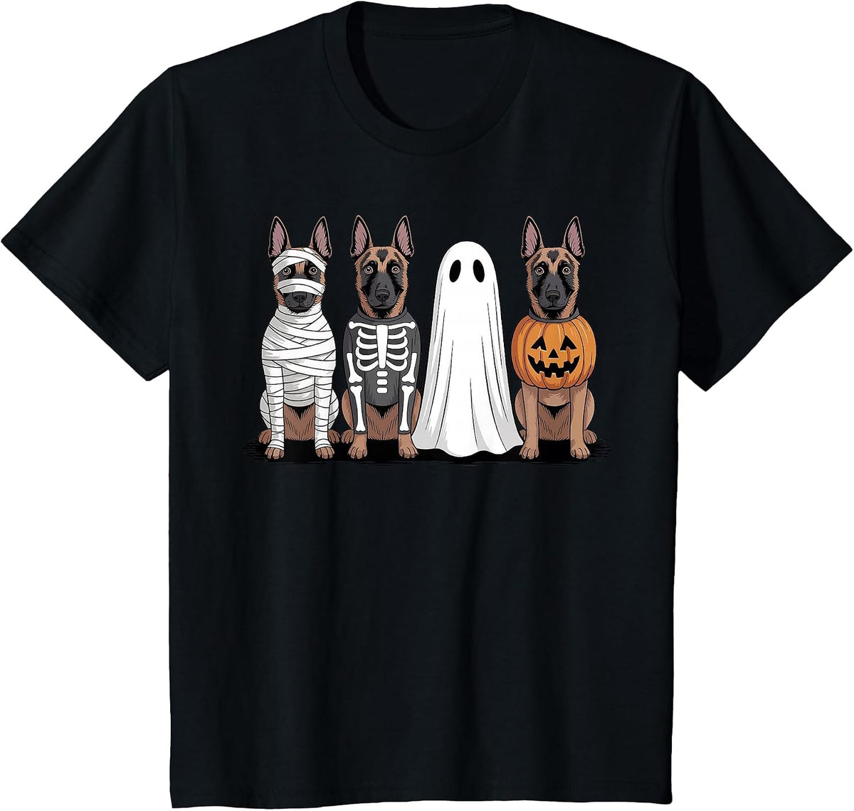 Spooky Ghost Belgian Malinois Pumpkin Halloween Dog Skeleton T-Shirt - Black