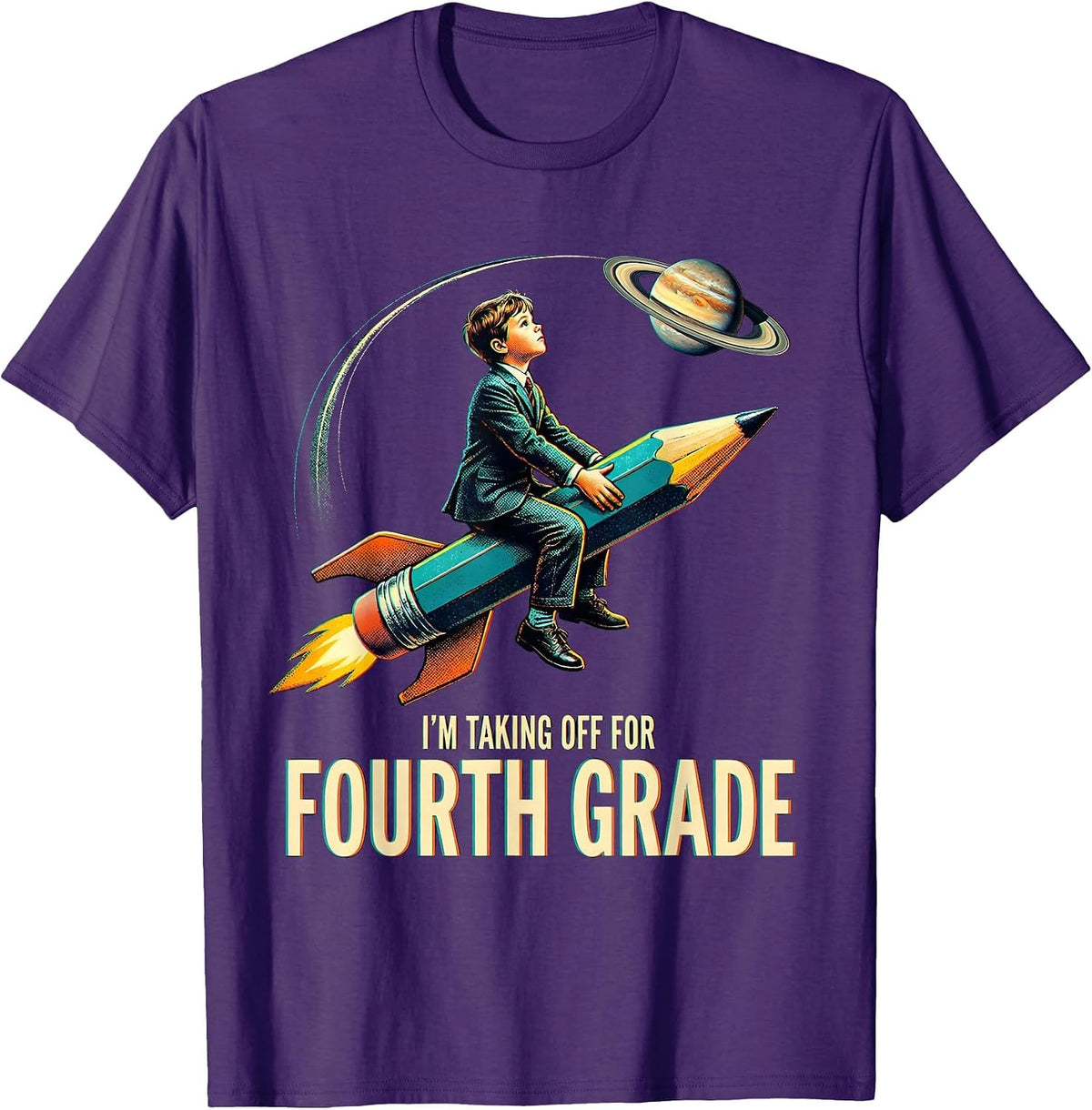 I'm Taking Off For Fourth Grade Playful Astronaut Back T-Shirt - Purple