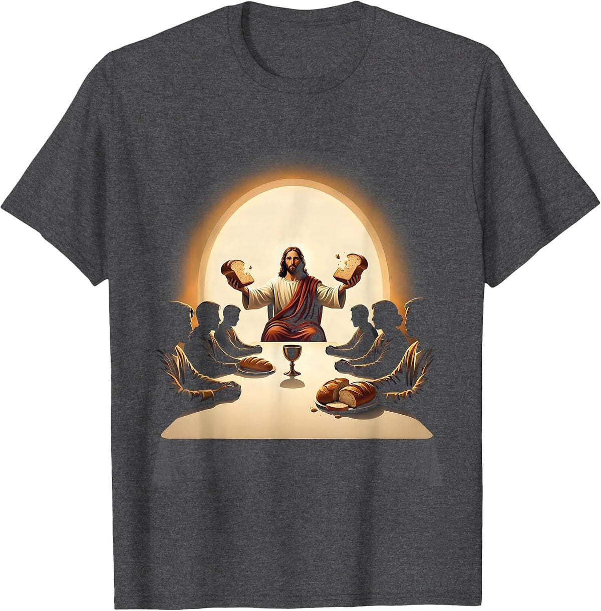Jesus Breaking Bread at the Last Supper Table T-Shirt - Dark Heather Grey