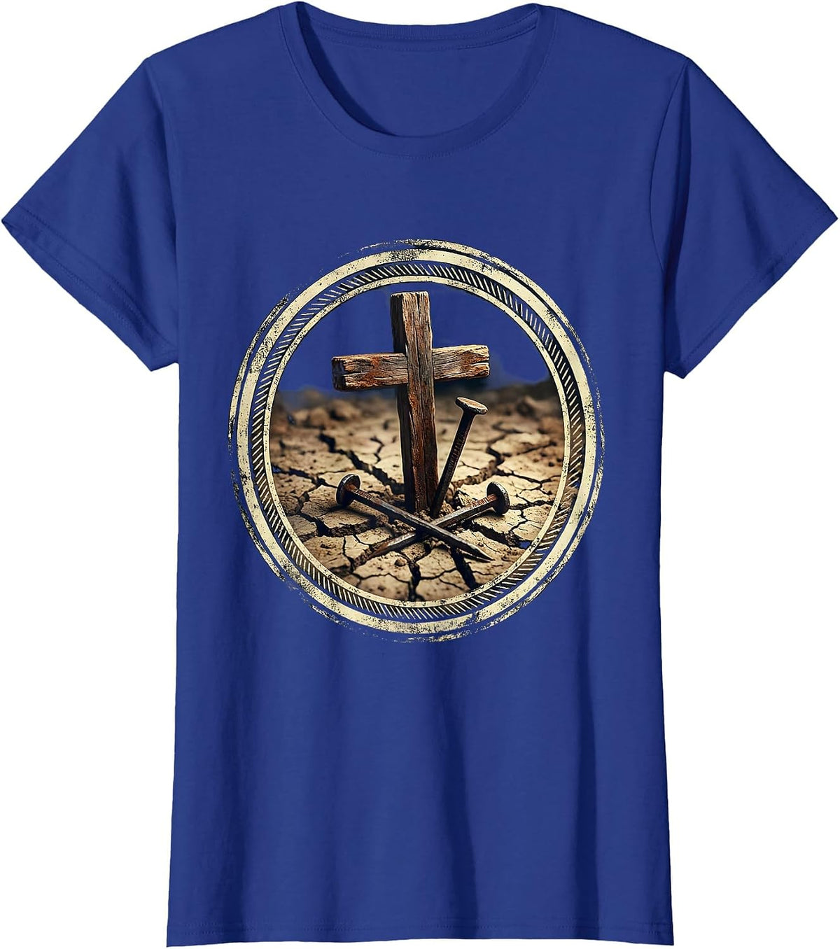 Women's Three Nails Cross Rising from Cracked Earth T-Shirt - Royal Blue