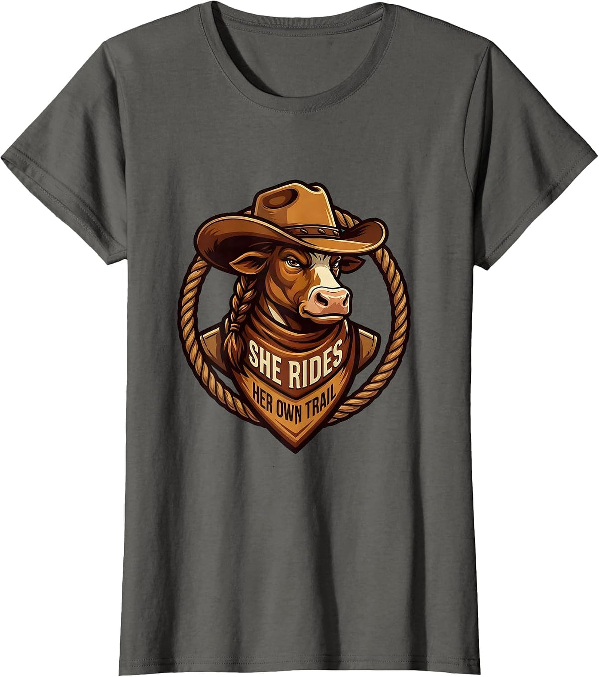 Women's She Rides Her Own Trail Cowgirl Design T-Shirt - Asphalt Grey