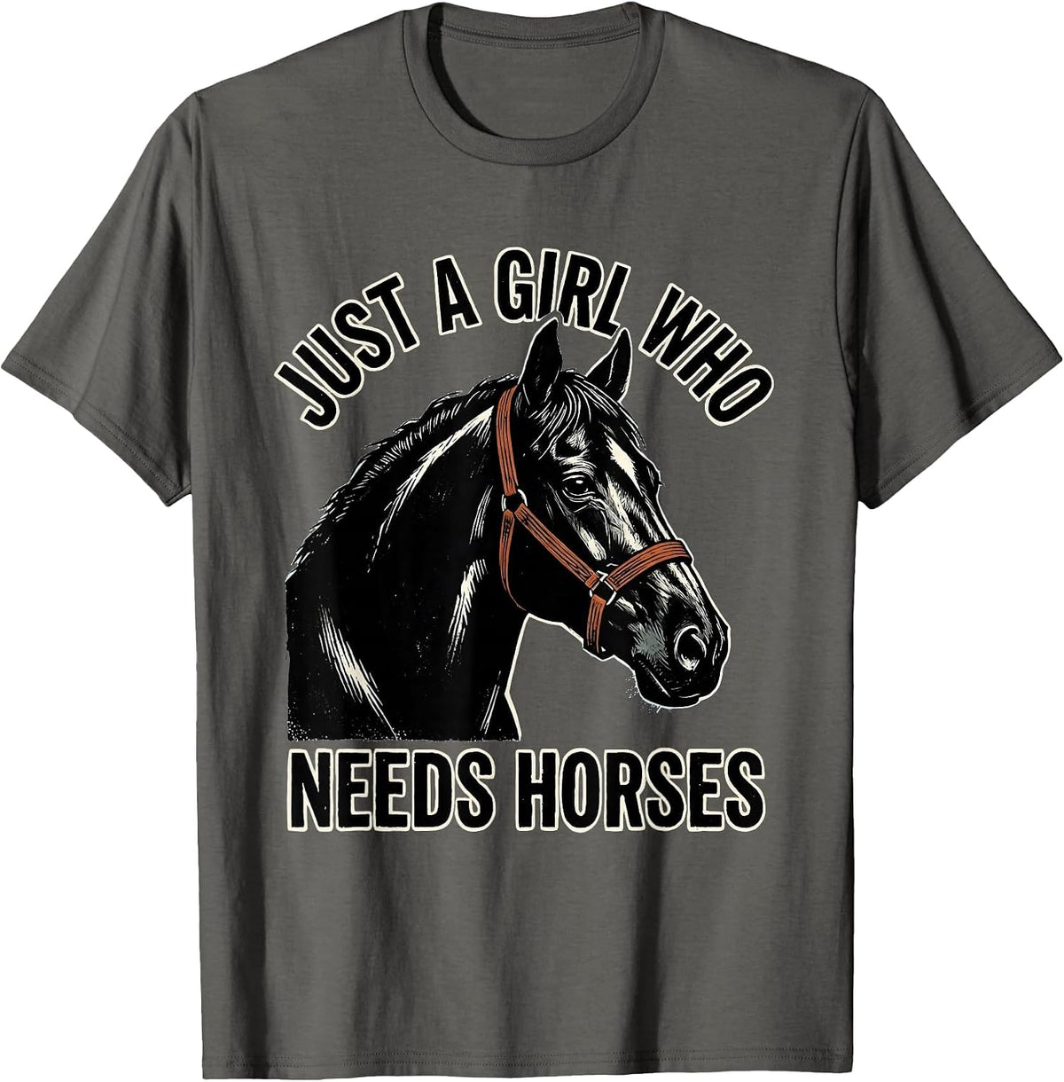 Men's Just a Girl Who Needs Horses Linocut Horse Lover Humor T-Shirt - Asphalt Grey