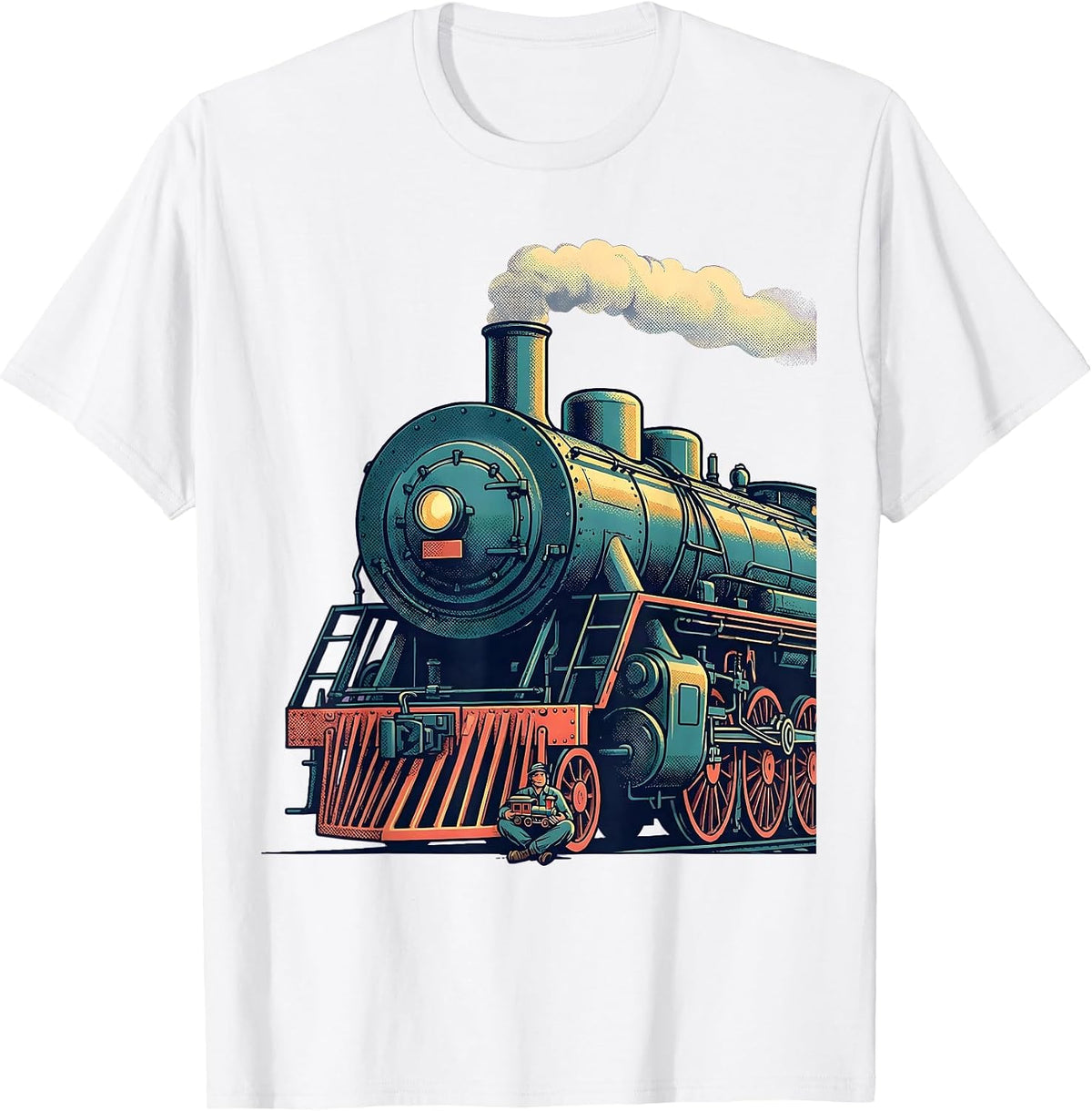 Men's Oversized Steam Locomotive Flat Vector Train Enthusiast T-Shirt - White