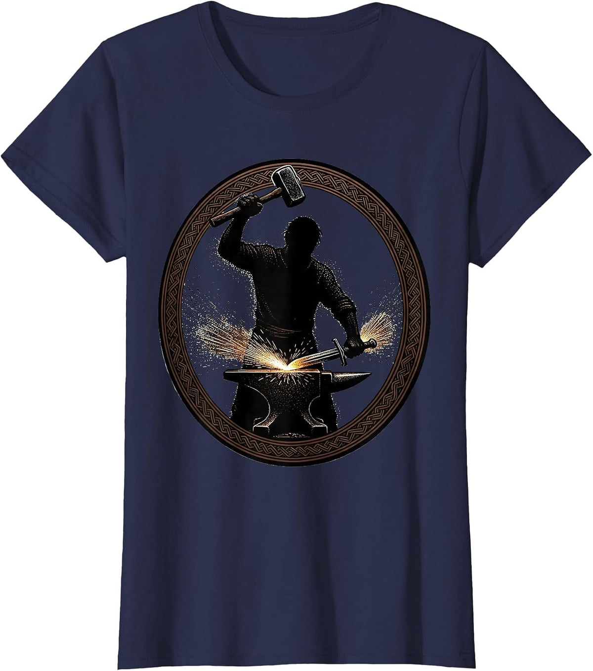 Women's Renaissance Blacksmith Forging Sword Sparks Graphic T-Shirt - Navy Blue