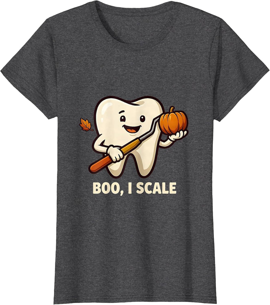 Women's Boo I Scale Funny Dental Hygienist Halloween Fall Humor T-Shirt - Dark Heather Grey