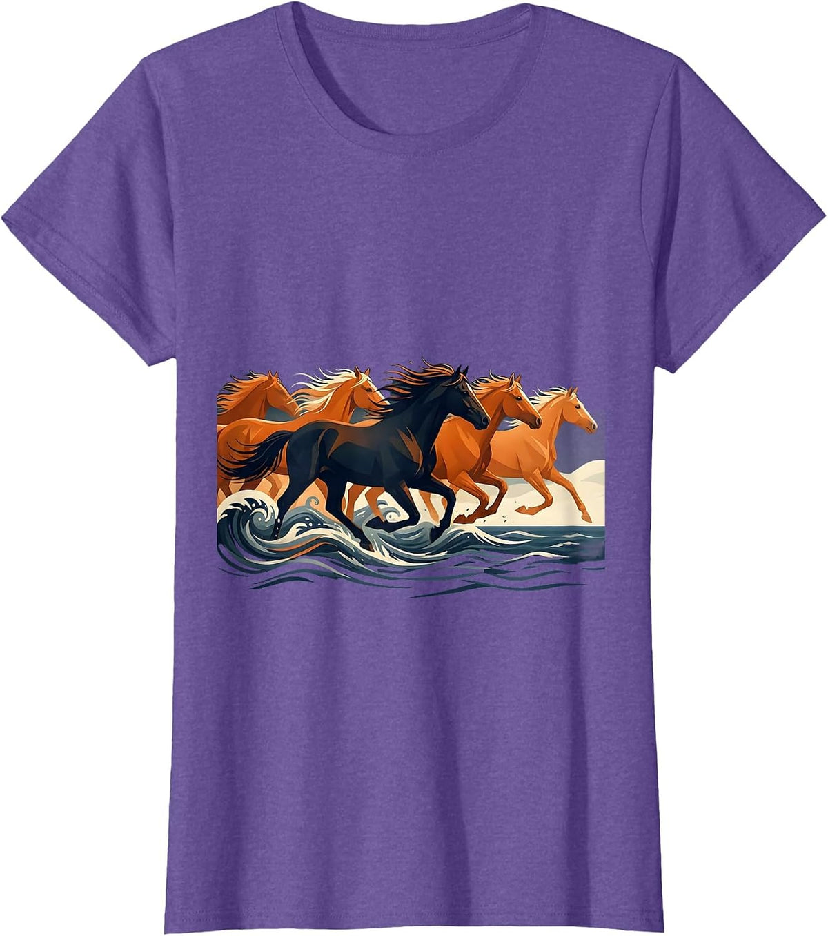 Wild Horses Galloping Through Ocean Surf T-Shirt - Purple Heather