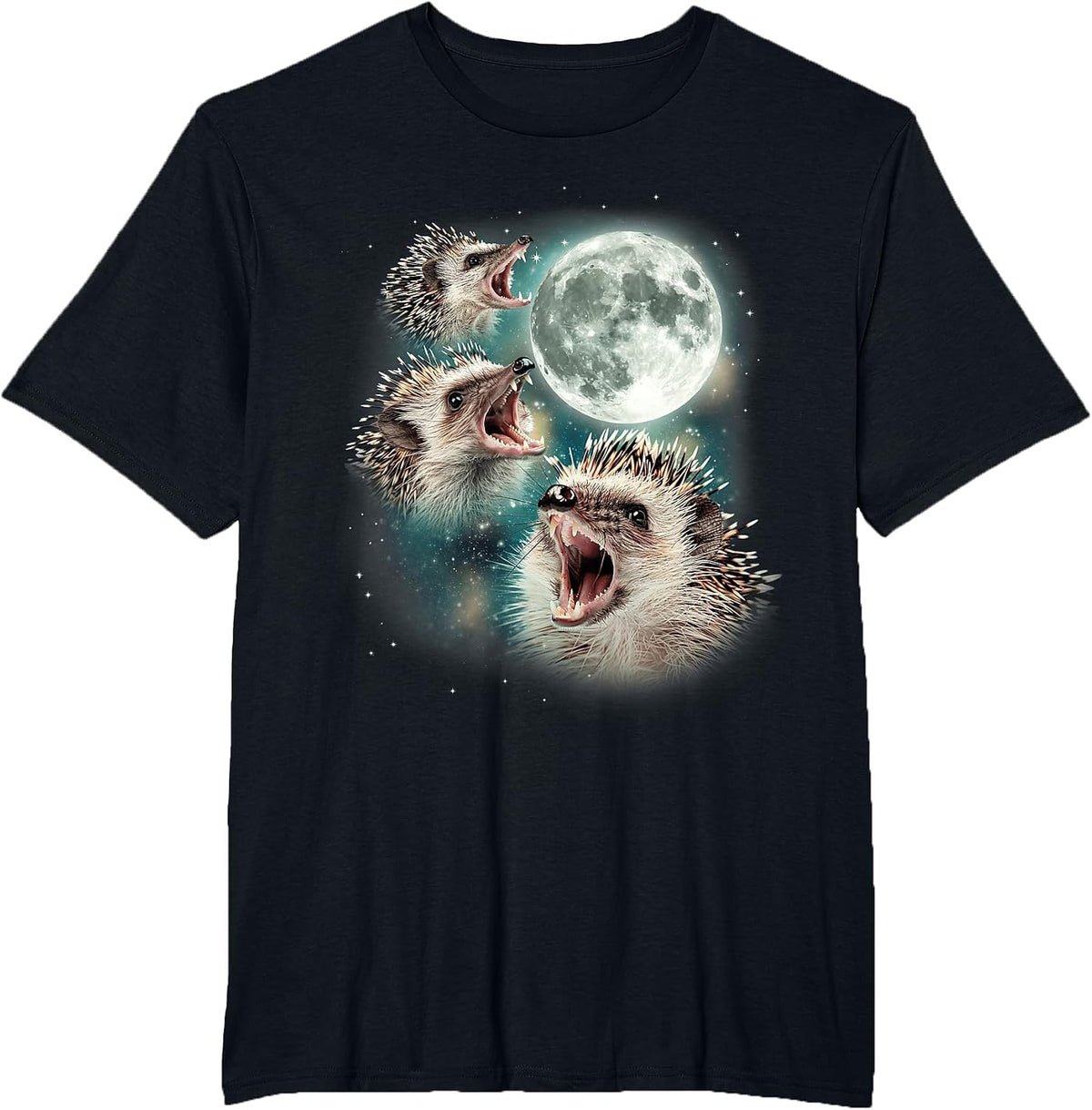 Three Hedgehog Moon | 3 Hedgies Funny Weird Cursed Meme T-Shirt - Black