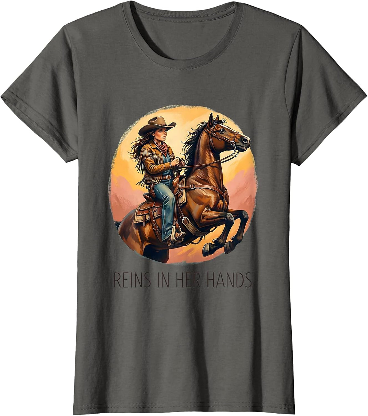 Women's Reins In Her Hands Cowboy Western Design T-Shirt - Asphalt Grey