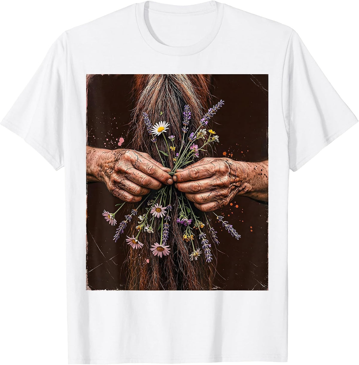 Men's Cowgirl Braiding Horse Tail With Wildflowers T-Shirt - White