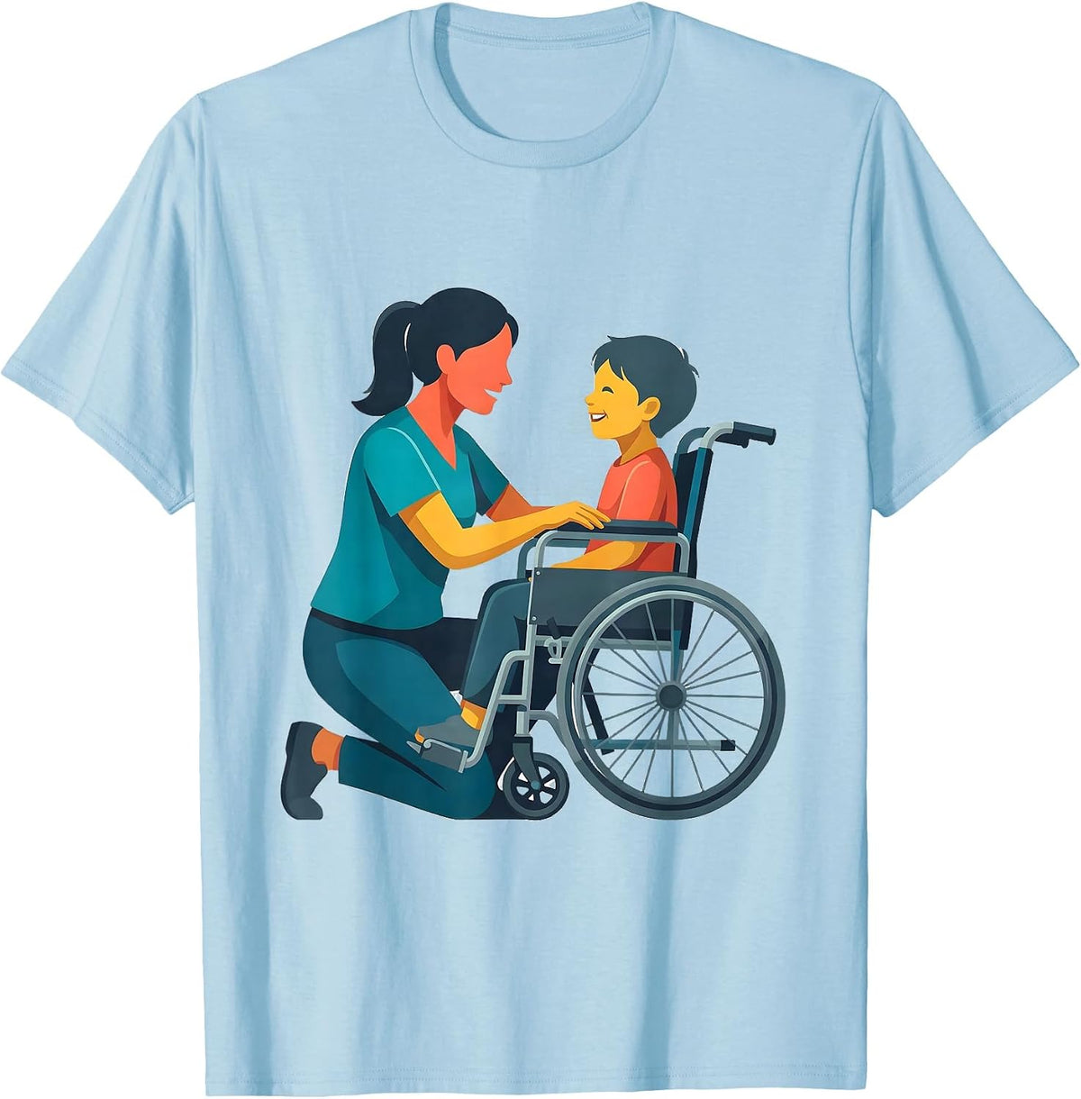 Special Education Teacher Kneeling With Wheelchair Child T-Shirt - Baby Blue
