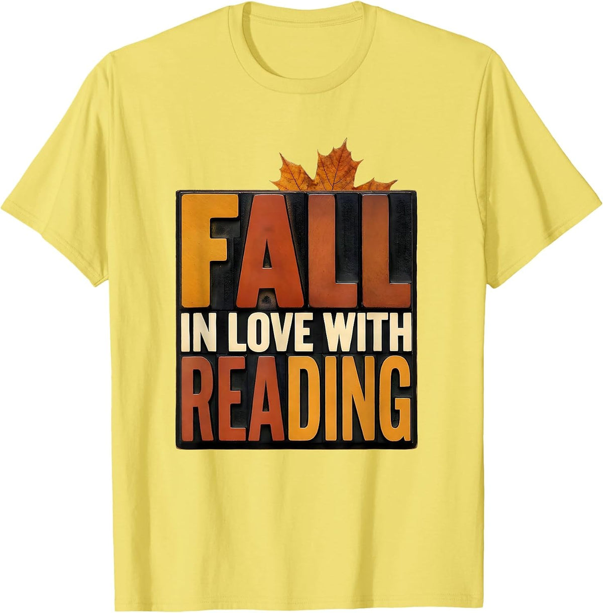 Men's Fall In Love With Reading Wood Type Teacher Book Lover T-Shirt - Lemon Yellow