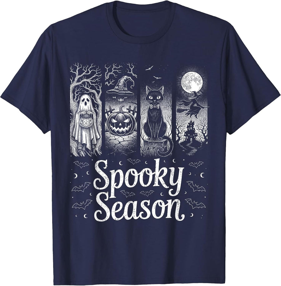 Funny Halloween Shirt Spooky Season Boo Witch Cat Pumpkin Tee T-Shirt for Men Women - Navy Blue