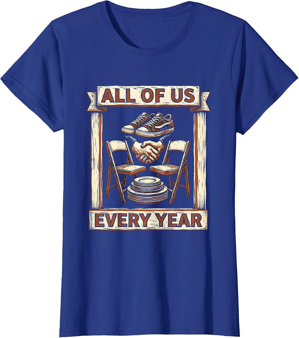 Women's All Of Us Every Year Linocut Family Reunion Matching T-Shirt - Royal Blue