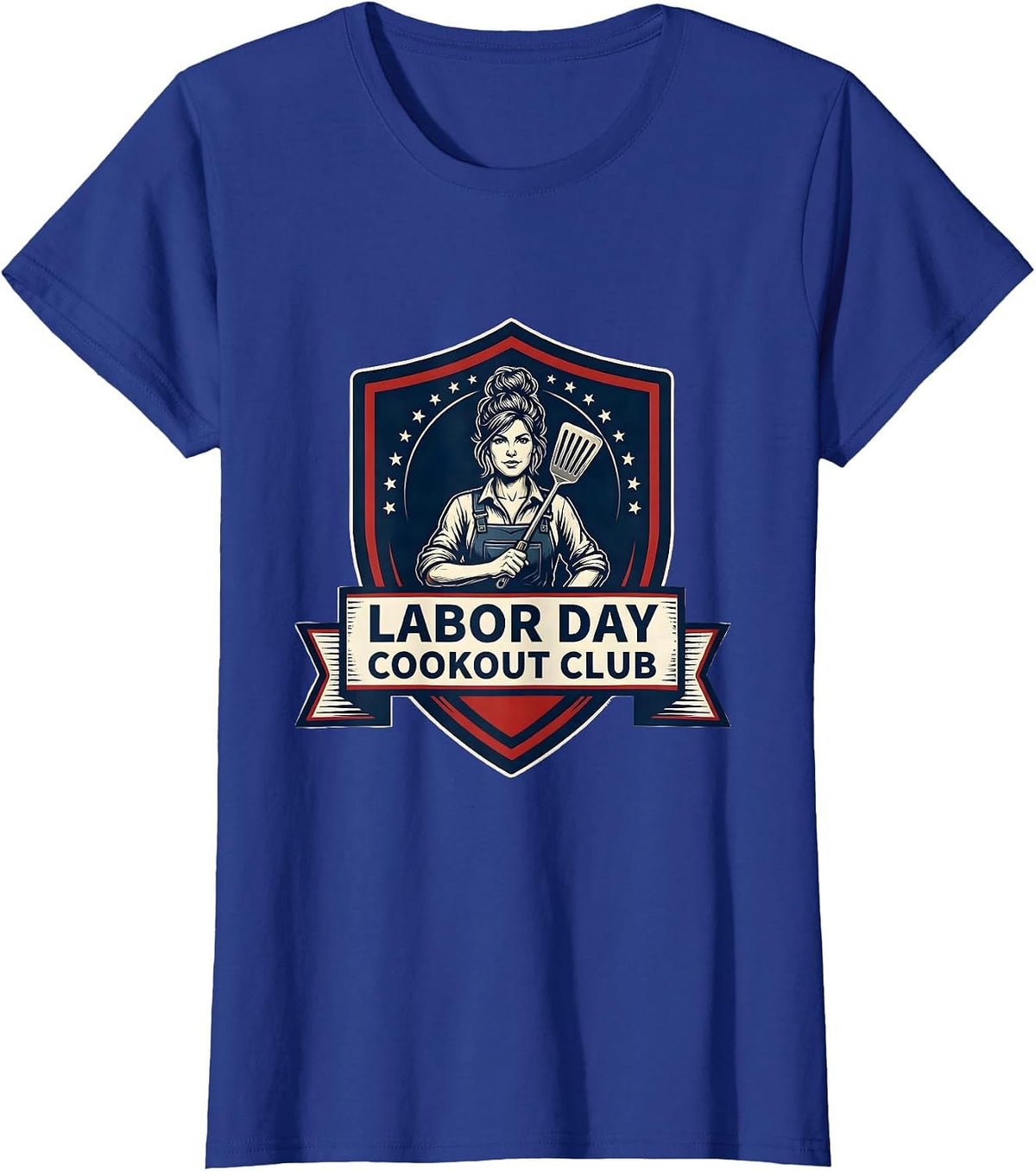 Women's Labor Day Cookout Club Patriotic Messy Bun Woman Holiday T-Shirt - Royal Blue