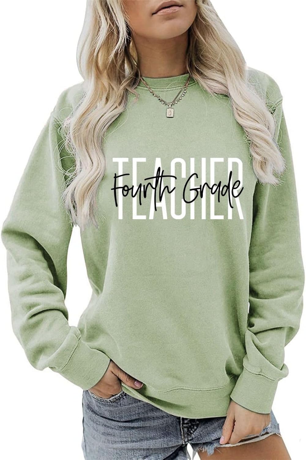 Retro Fourth Grade Teacher Sweatshirt for Women Crewneck Pullvoer Sweater 4th Grade Long Sleeve Shirts Fall Tops - Olive