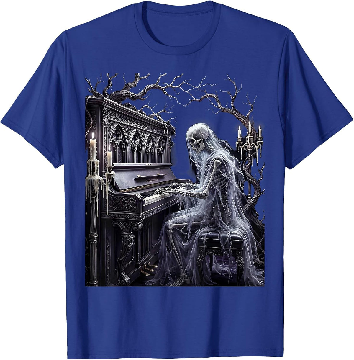 Ghost Playing Vintage Upright Piano Illustration T-Shirt - Royal Blue