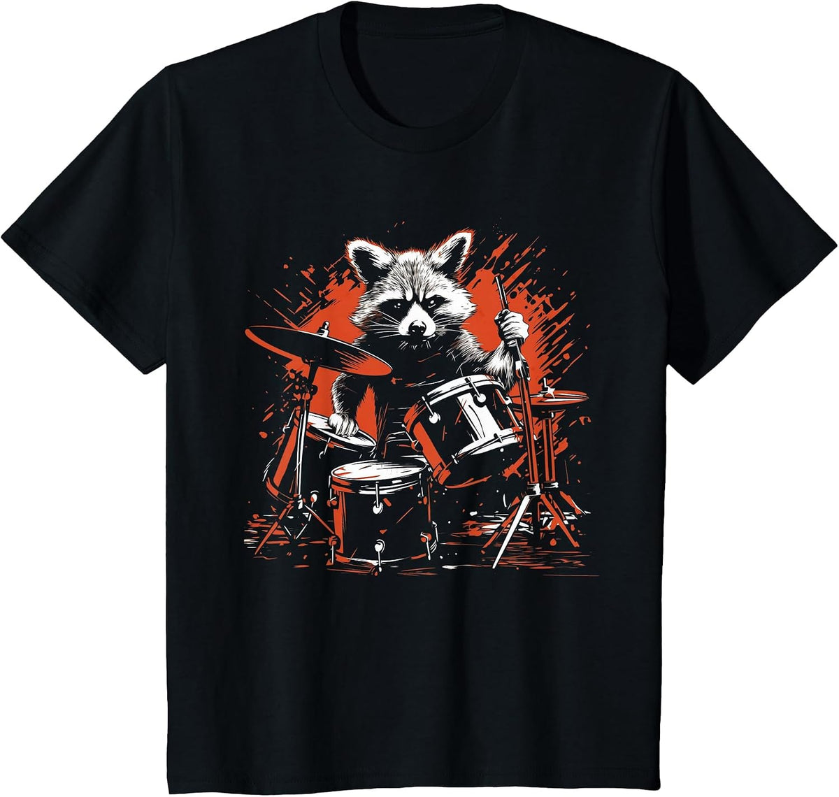 Drummer Raccoon Playing Drums Funny Drumming Raccoon Lover T-Shirt - Black