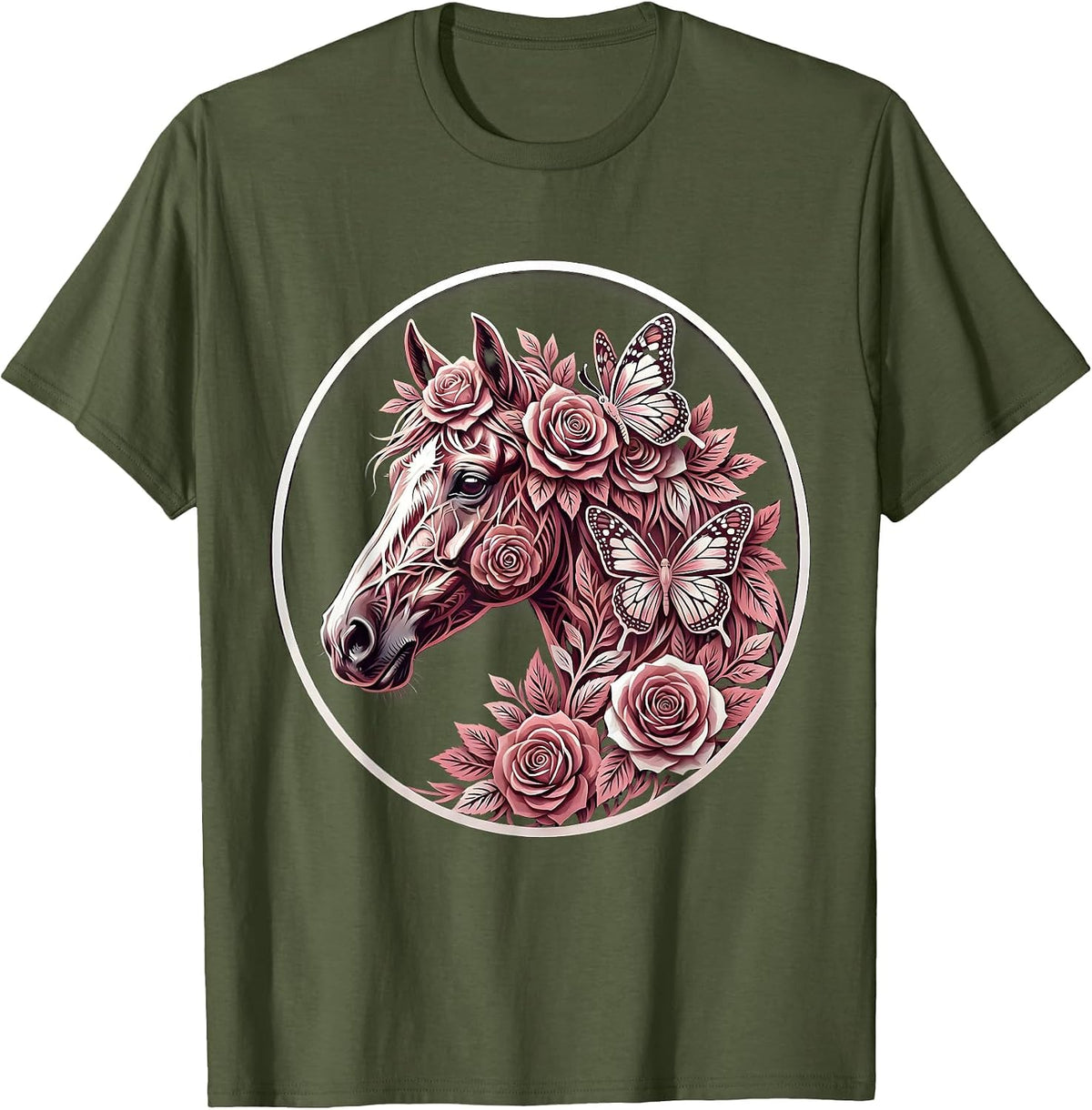 Horse Head Floral Crown Butterfly Illustration T-Shirt - Olive Green