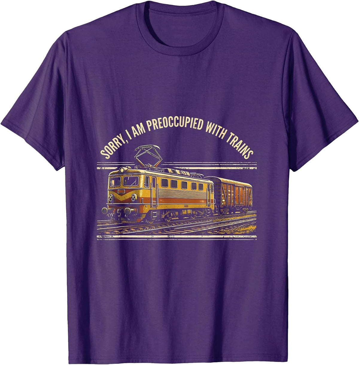 Men's Sorry, I Am Preoccupied With Trains Distressed Train T-Shirt - Purple