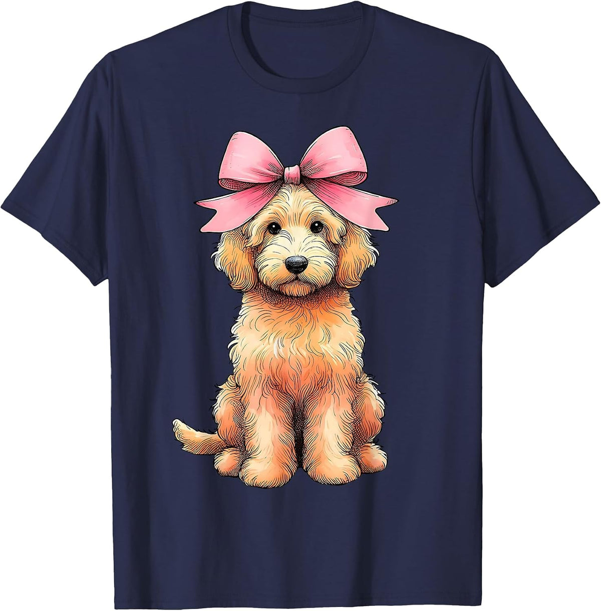 Coquette Bow Golden Doodle Dog Goldendoodle Mom Pink Ribbon T-Shirt - Navy Blue