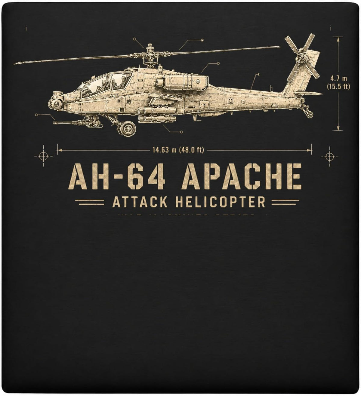 AH-64 Apache Attack Helicopter Blueprint Aviation T-Shirt - Black