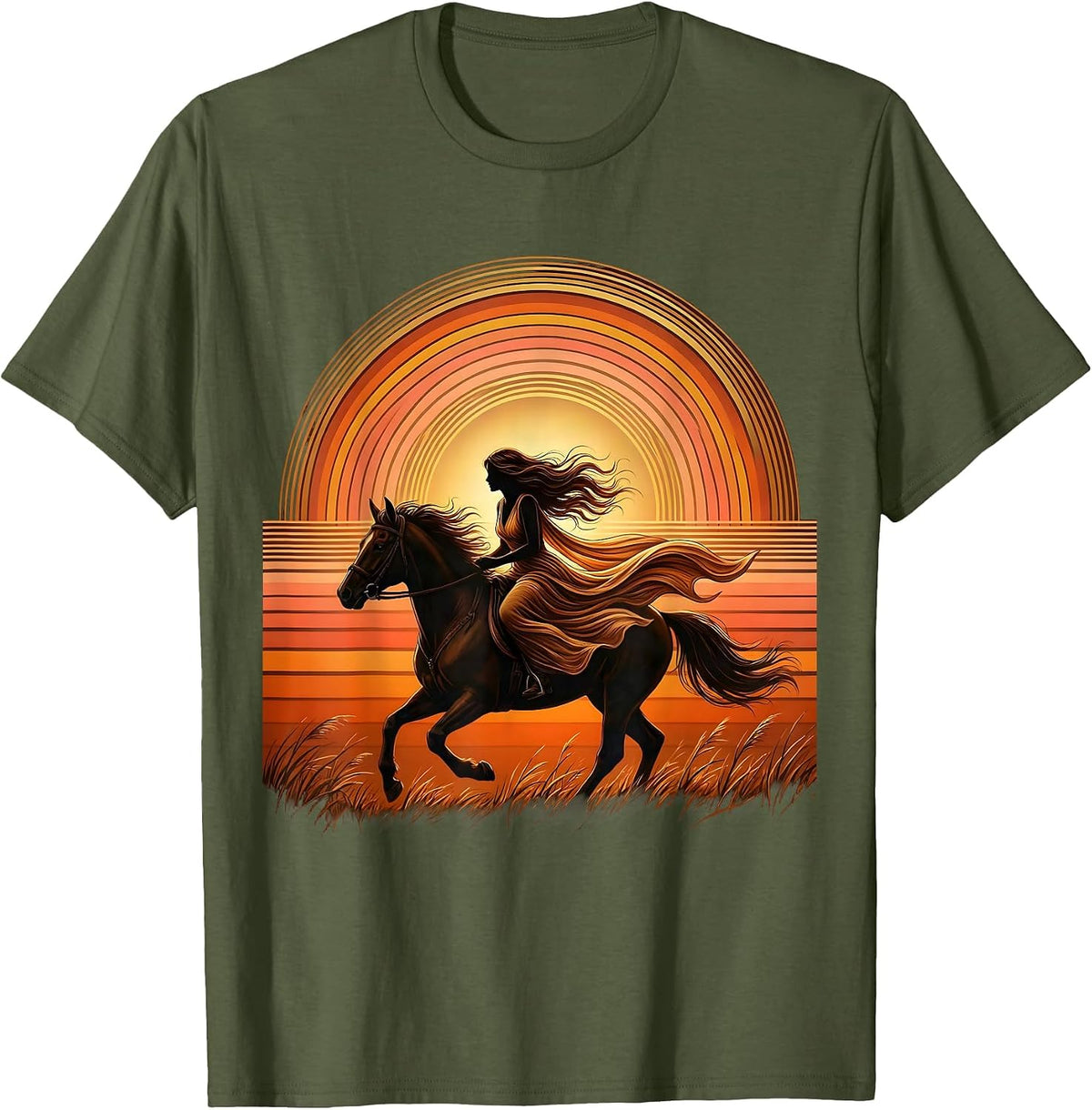 Men's Wild and Free Horse Rider Graphic Design T-Shirt - Olive Green