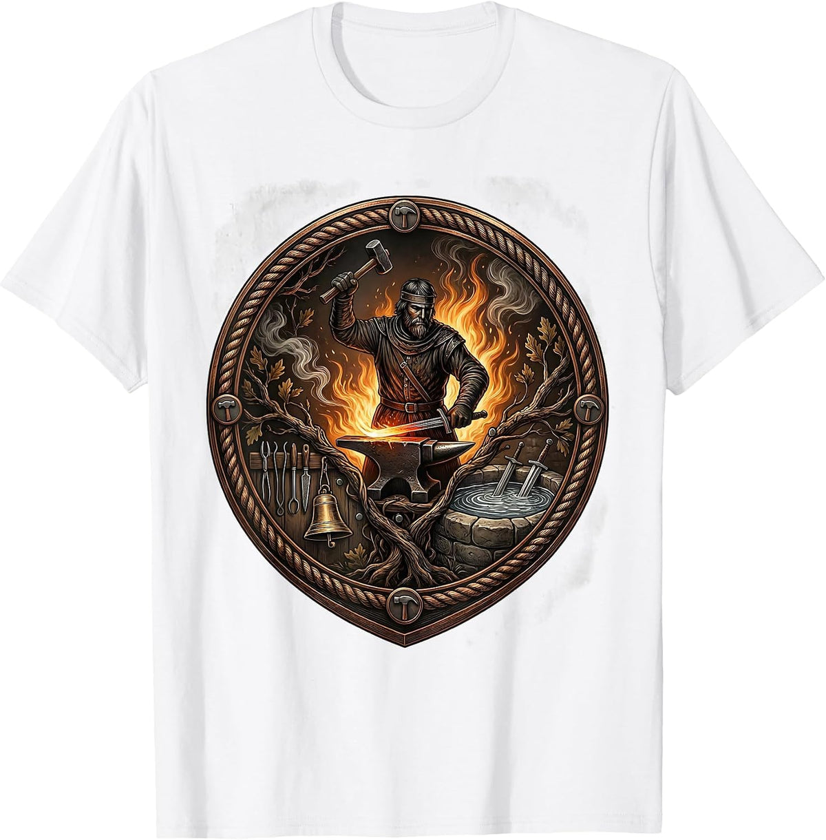 Men's Medieval Blacksmith Forging Sword at the Forge T-Shirt - White