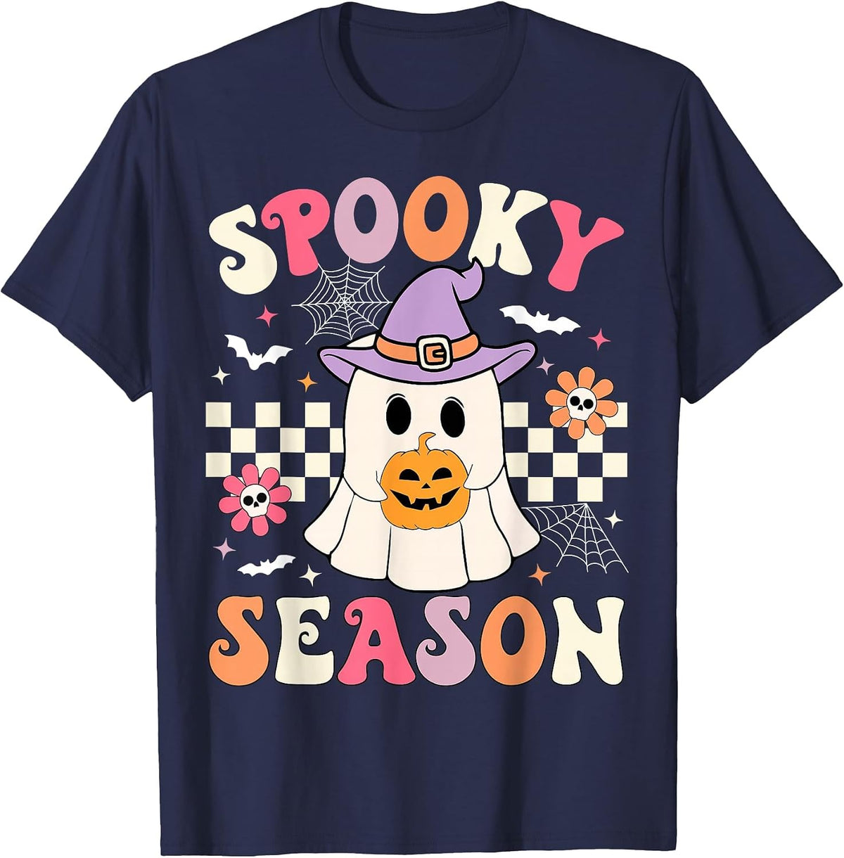 Groovy Spooky Season Retro Ghost Holding Pumpkin Halloween T-Shirt - Navy Blue