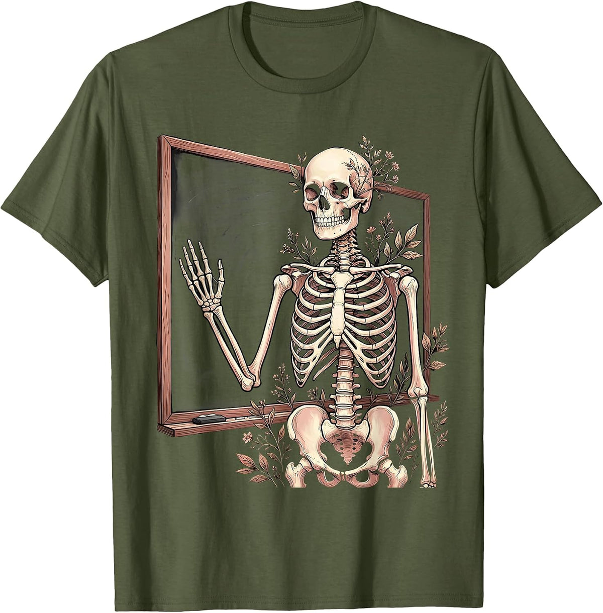 Men's Skeleton Anatomy Teacher Chalkboard Illustration T-Shirt - Olive Green