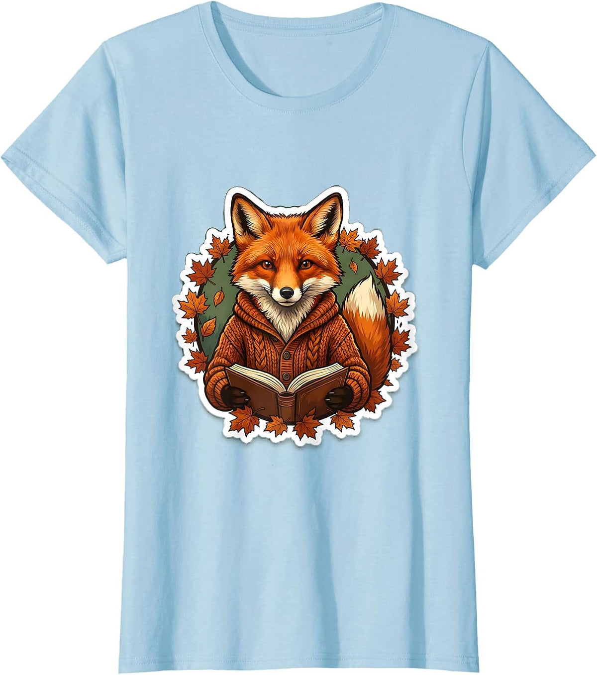 Fall Teacher Fox Reading Book Illustration T-Shirt - Baby Blue