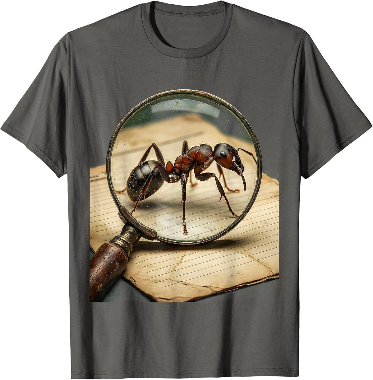 Magnifying Glass Ant Science Teacher Graphic T-Shirt - Asphalt Grey