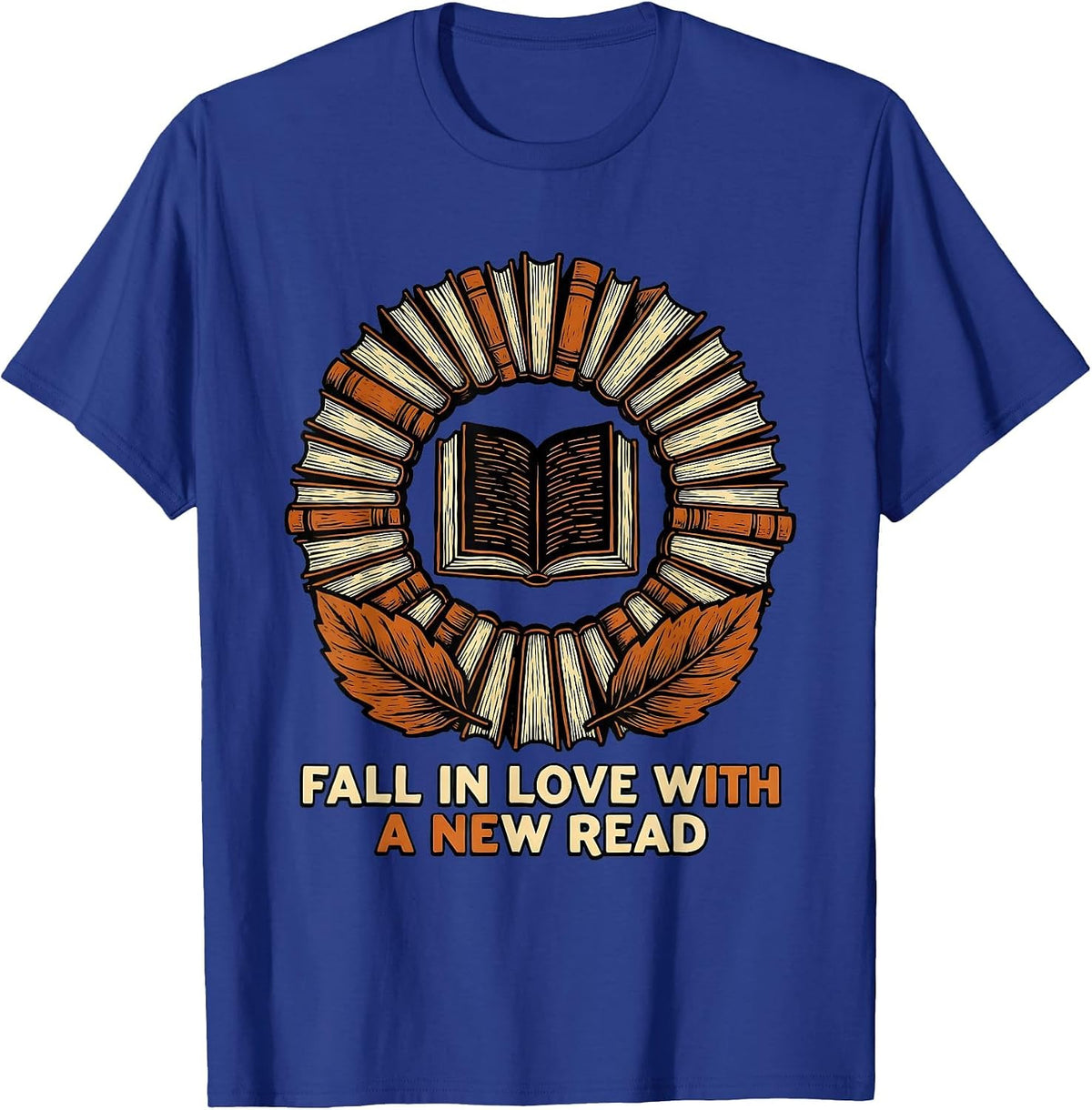 Men's Fall In Love With A New Read Linocut Autumn Teacher Book T-Shirt - Royal Blue