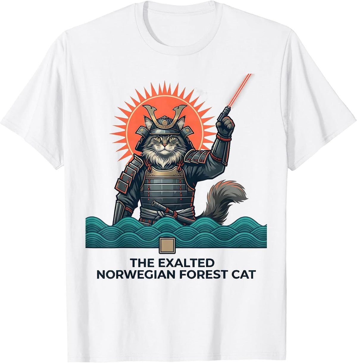 The Exalted Norwegian Forest Cat Funny Anime Cat Ukiyo-e Art T-Shirt - White