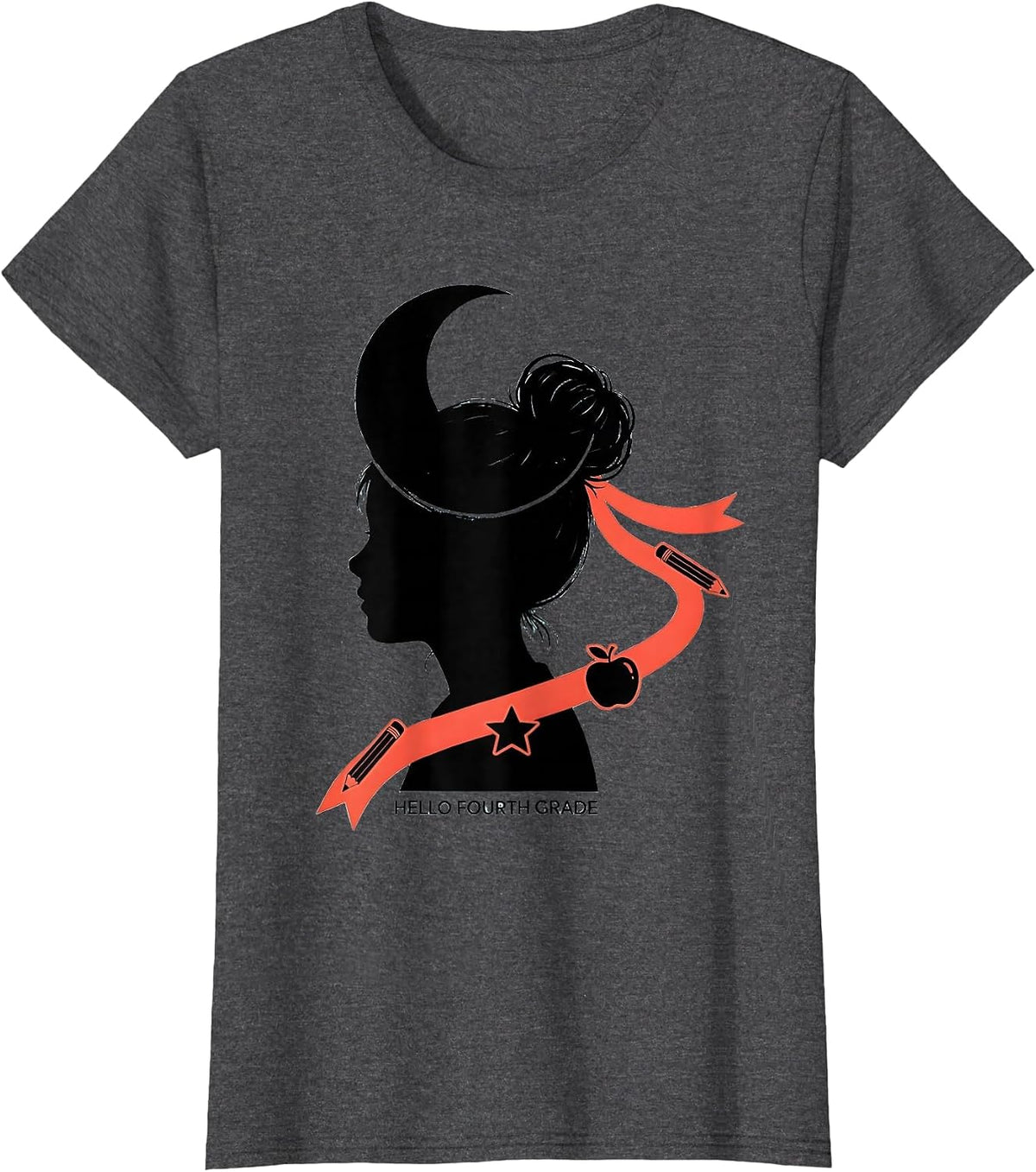 Women's Hello Fourth Grade Messy Bun Back To School Girls Humor T-Shirt - Dark Heather Grey